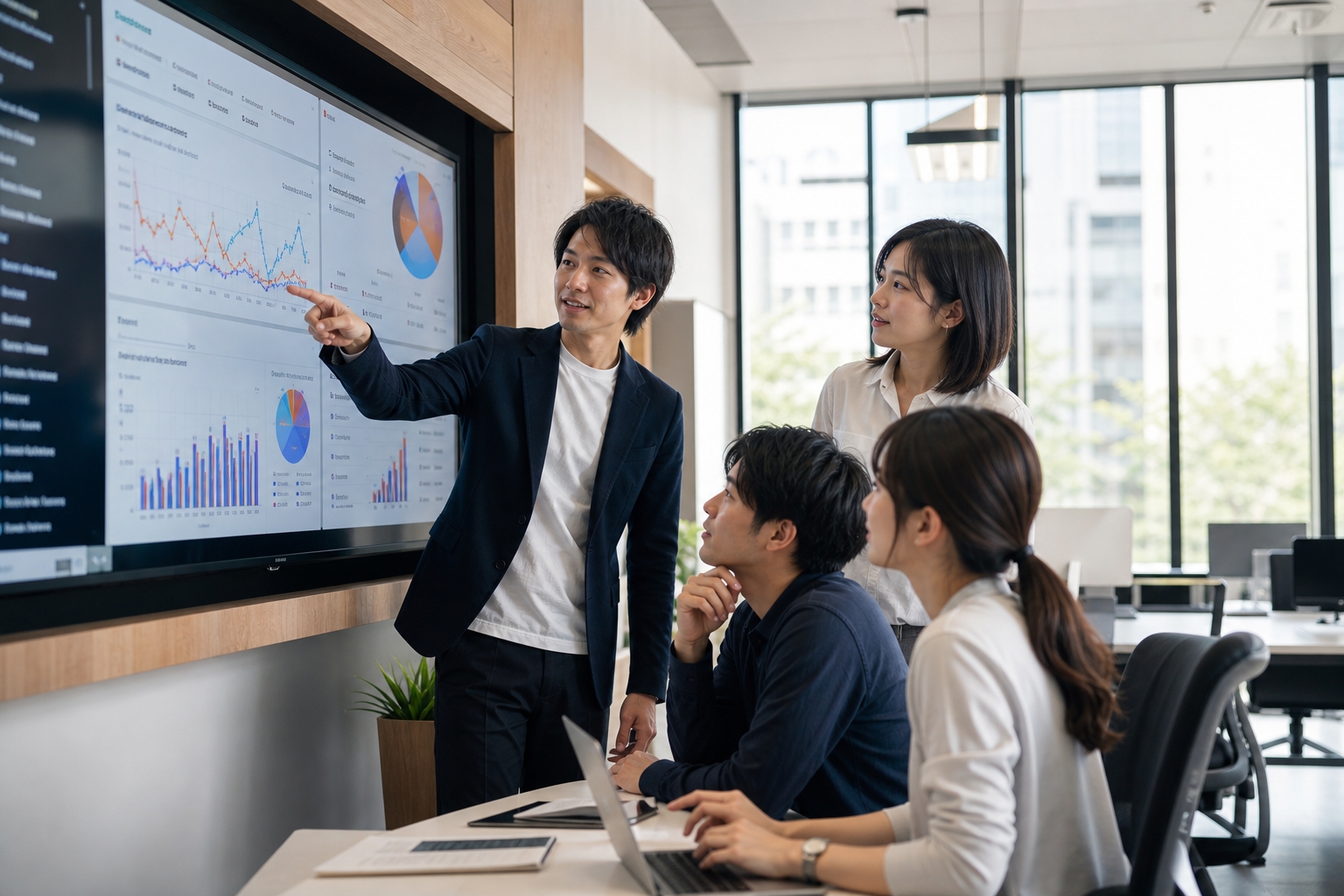 オフィスで検索分析データを確認するマーケティングチームの様子