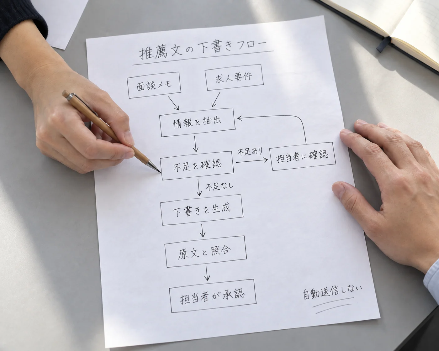 面談記録と求人要件から推薦文を下書きし、不足情報の確認と担当者の承認を組み込む業務フローの検討イメージ