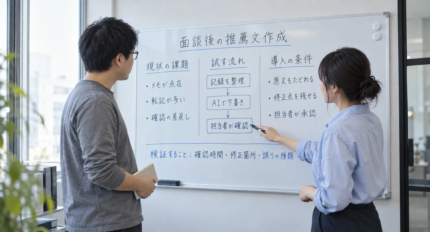 推薦文作成の課題、AIで試す流れ、導入条件をホワイトボードで検討するイメージ